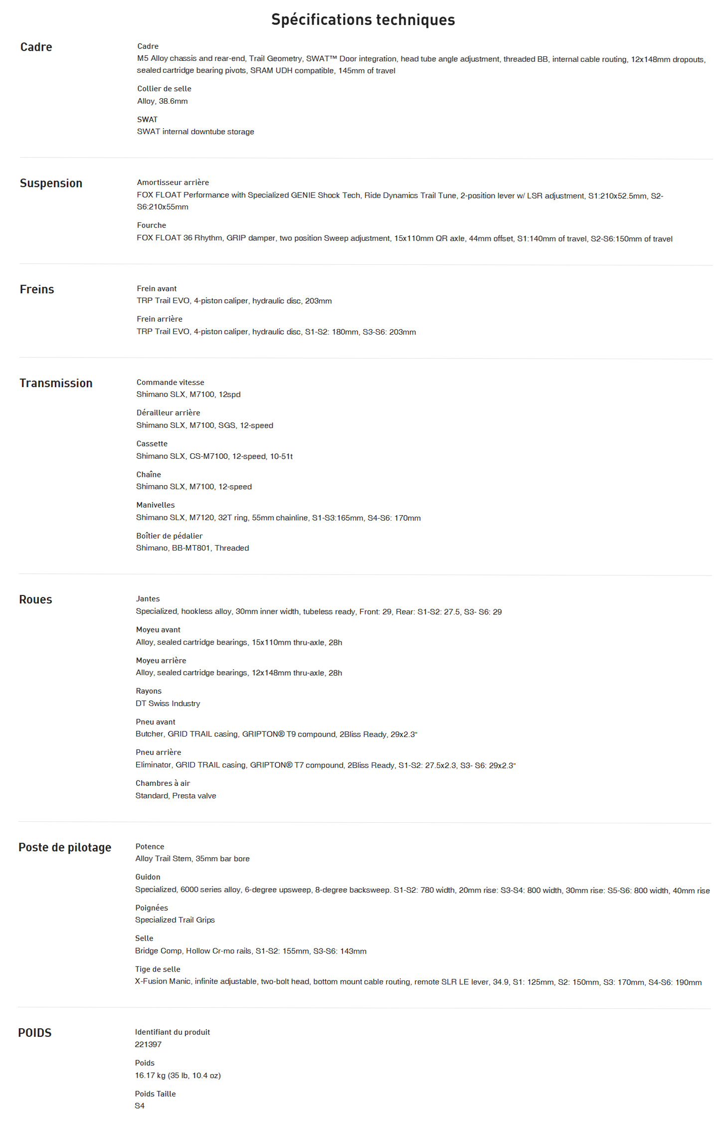 Caracteristique technique du vélo Stumpjumper 15 Comp Alloy année 2025